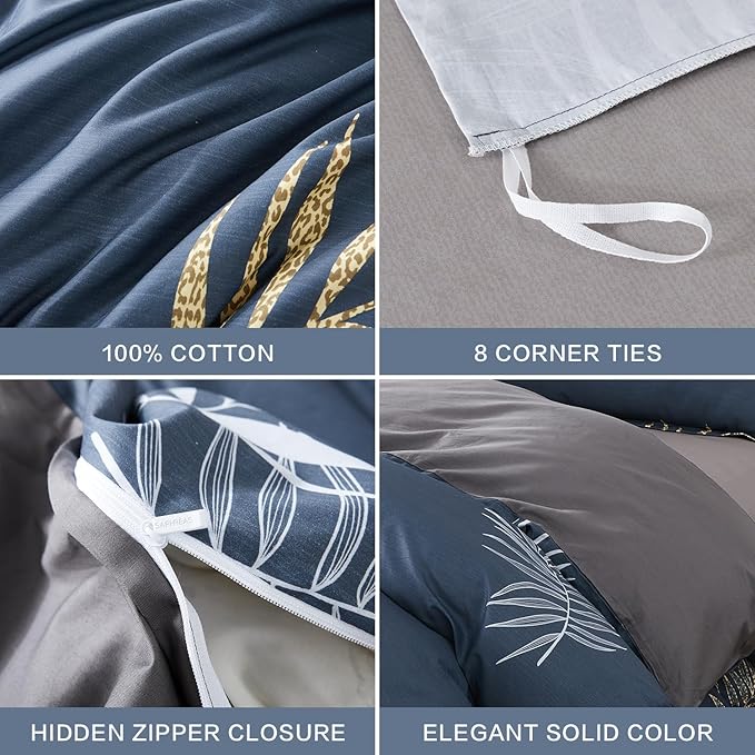SAPHREAS Navy Blue Leaf Duvet Cover Set Full Size 3pcs Tropical Botanical Monstera Leaf Pattern Bedding Comforter Cover Set 100% Cotton 1 Duvet Cover 2 Pillow Shams