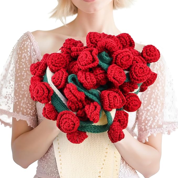cagulax Rose Crochet Flowers Bouquet Blanket-Birthday Gifts for Mom Sister-Gifts for Couples-Anniversary Wedding Birthday-Romantic Rose Flower Bouquet-Knitted Throw Blankets Home Decor 63 Inches