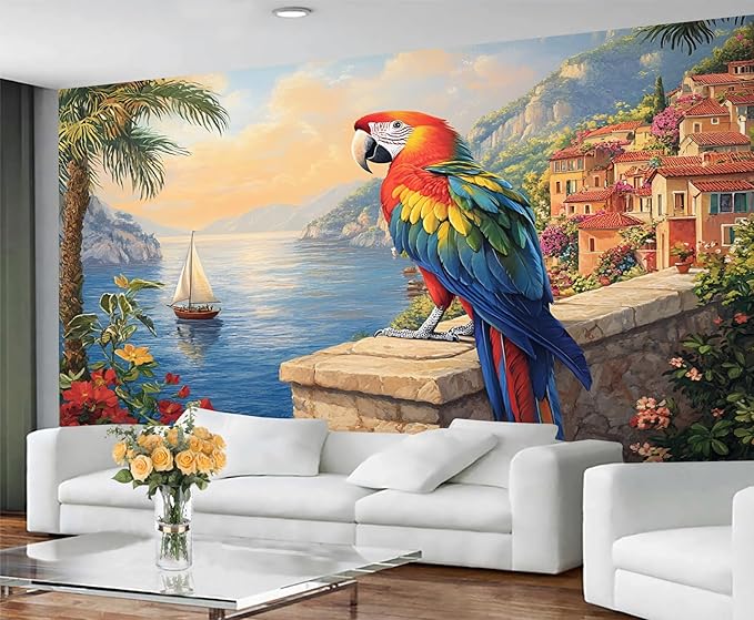 KIREUPA Macaw Parrot Wall Mural, Coastal Mediterranean Parrot 3d Wall Murals, Sunset Seaside Village Scene Wallpaper Mural, for Living Room Bedroom Large Wallpaper Indoor Decor 177.16" W x120 H