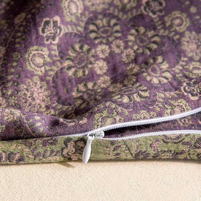 Purple Green Floral Duvet Cover Twin XL Premium Yarn-Dyed Linen Cotton Comforter Cover Boho Jacquard Design Bedding Set Botanical Floral Vintage Duvet Cover Reversible Green Flower Bedding Set Twin XL