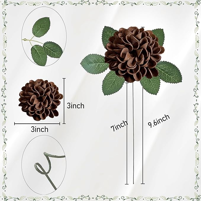 Artificial Flowers, 25pcs Artificial Rose for DIY Bouquets Arrangement, Brown Dahlia Flowers Foam Fake with Stems for Wedding Shower Party Floral Arrangements Tables Home Decorations