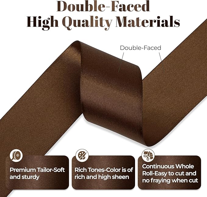 Brown Satin Ribbon, Double Faced 1-1/2 Inch X 50 Yards Brown Ribbon, Premium Satin Ribbon for Gift Wrapping, Crafts, Hair Bow Making, Sewing, Flower Bouquet, Wedding Party Decor