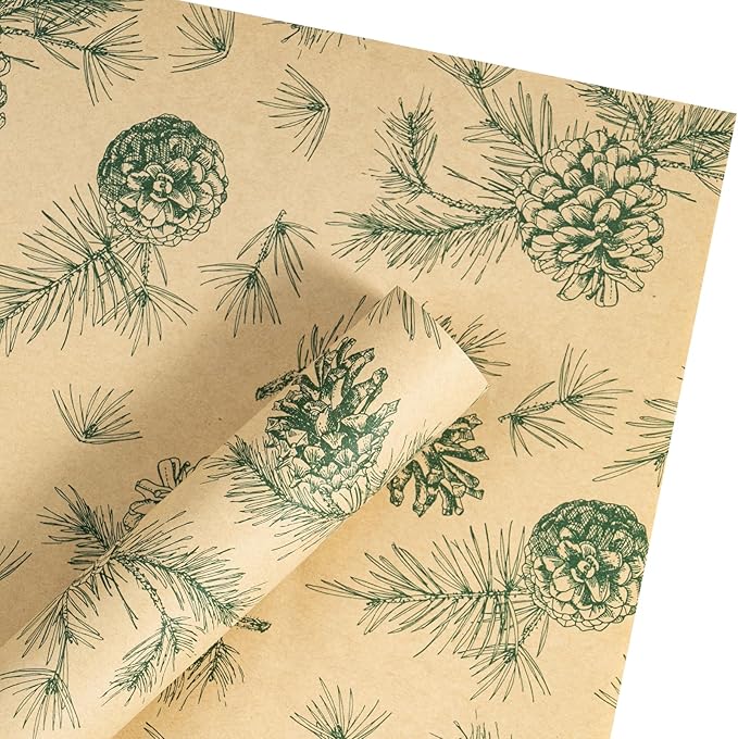 LeZakaa 20 Sheets Kraft Christmas Flower Wrapping Paper, Green Pinecone and Branches on Kraft Floral Bouquet Paper Gift Wrap for Christmas Party Packaging, Winter Woodland-themed Holiday decor