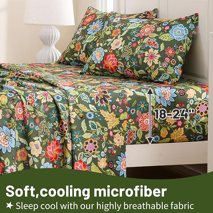 Bedlifes Queen Size Extra Deep Pocket Sheet Sets - Fits Mattresses Up to 18-24" Thick, 4-Piece Microfiber Set with 1800 Thread Count, Soft, Smooth, Breathable, Featuring Floral Dark Green