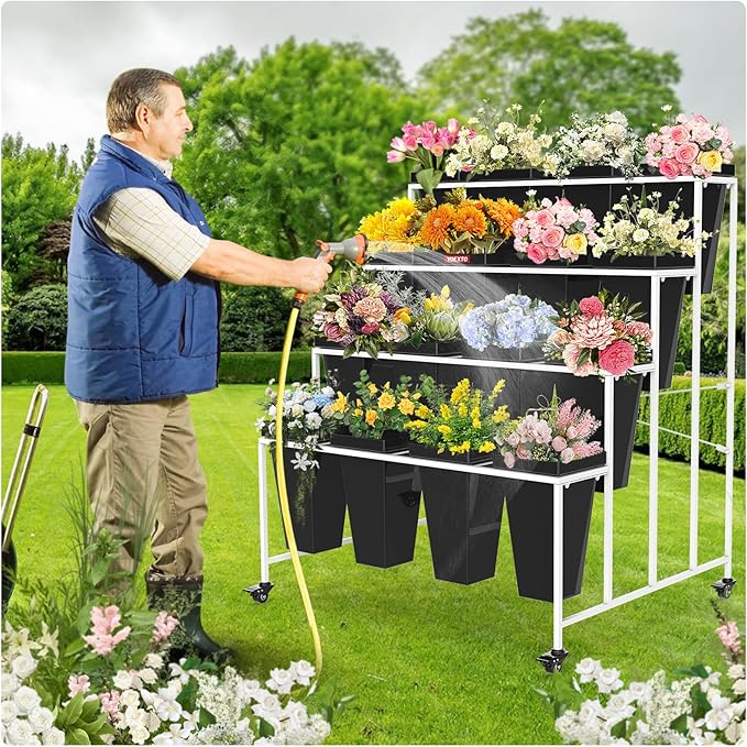 Flower Display Stand 4 Layers with 16 PCS Square Buckets, Plant Stand with Wheels, Movable Metal Plant Stand for Terrace Garden, Living Room, Florist Shop