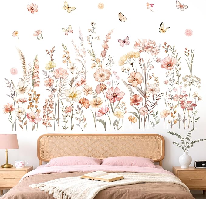 decalmile Watercolor Boho Flowers Wall Decals Wildflower Floral Grass Plants Butterfly Wall Stickers Bedroom Living Room Sofa TV Background Home Decor