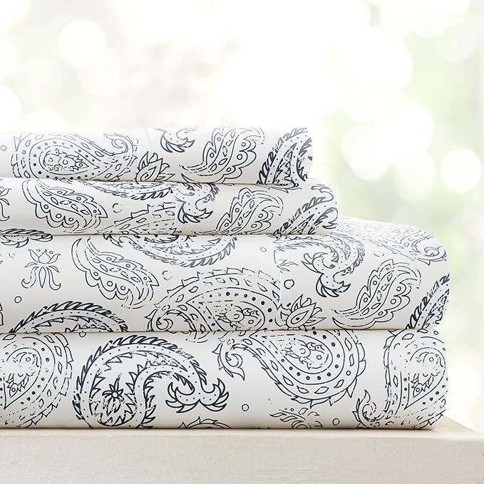 Linen Market Double-Brushed Patterned Microfiber California King Sheet Set 4 Piece – OEKO-TEX Certified Ultra Soft & Wrinkle-Free - 16" Deep Pocket Sheets Easy Care Cal-King Size - Coarse Paisley Navy