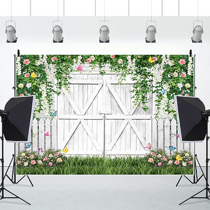 AOFOTO White Barn Door Floral Backdrop 8x6ft Spring Garden Background Banner Green Leaves Flowers Butterfly Wooden Door Backdrops Birthday Bridal Shower Wedding Banner Photo Booth Studio Props