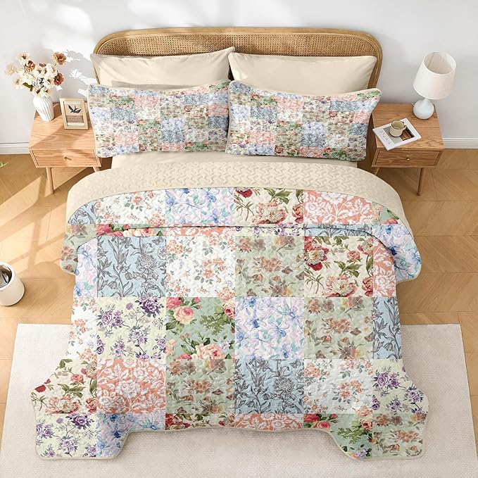 Quilt Set King Size, Vintage Patchwork Floral 3 Pcs Soft Bed Cover Bedding Set, Boho Mid Century Lightweight Bedspread Coverlet with 2 Pillow Sham for All Season