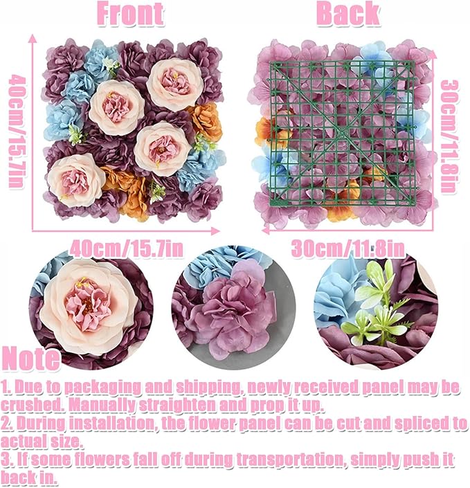 Flower Wall Backdrop, 12PCS 10.6"-15.7" Artificial Flower Wall Panel with Various Styles, 3D Floral Wall Decor for Wedding Photo Background Festive Party Home Decoration (I002, 15.7 * 15.7in)