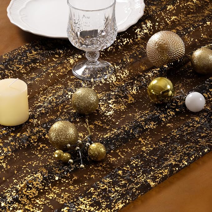 Socomi Christmas Snow Table Runner Gold Gauze Sheer Chiffon Cheesecloth Sequin 10FT Glitter Metallic Foil Dining Wedding Birthday Party Fall Winter Holiday Centerpiece Table Decor 3pcs Black