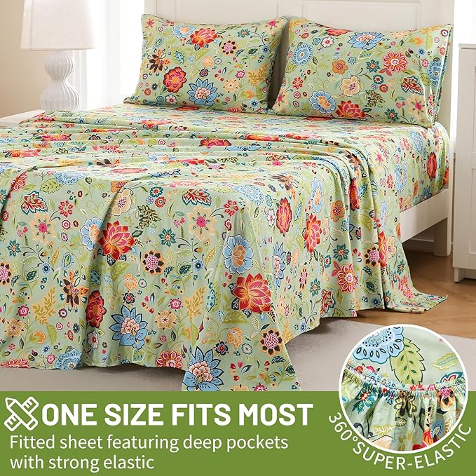 Bedlifes King Size Extra Deep Pocket Sheet Sets - Fits Mattresses Up to 18-24" Thick, 4-Piece Microfiber Set with 1800 Thread Count, Soft, Smooth, Breathable, Featuring Floral Sage Green