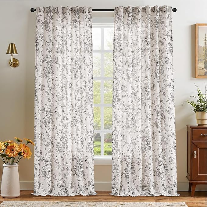 jinchan Linen Blend Curtain Floral Curtains for Living Room 96 Inch Length Black Printed Curtain Back Tab Farmhouse Peony Flower Patterned Drapes Bedroom Window Curtains Set 2 Panels
