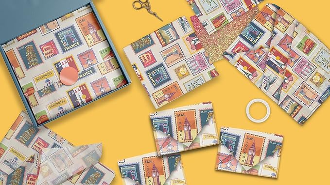 Stamps Printed Tissue Paper for Birthday Party Gift Bags or Boxes and Wrapping - Bulk Decorative Art Tissue Paper for Packaging and Gifting | 24 Sheets 20" x 30"