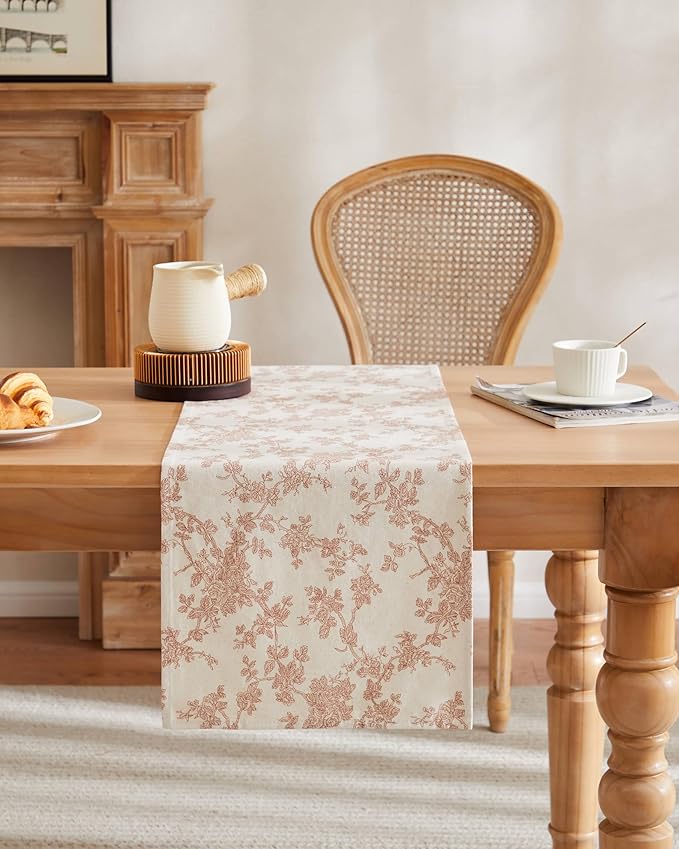 100% Cotton French Pastoral Table Runners, 13x60 Inch Terracota Farmhouse Table Runners 60 Inches Long, Vintage Flowers Print Home Decors