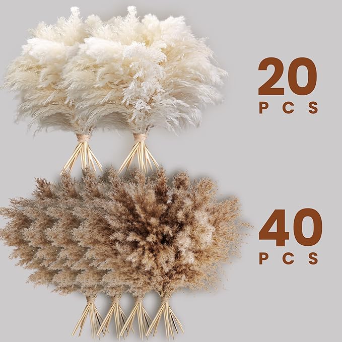 60 PCS Boho Decor, Fluffy Pompas Grass, Natural Dry Pampas Grass Small, Short Pampass Bulk for Boho Room Decor, Coffee Table Decor (17 inch )