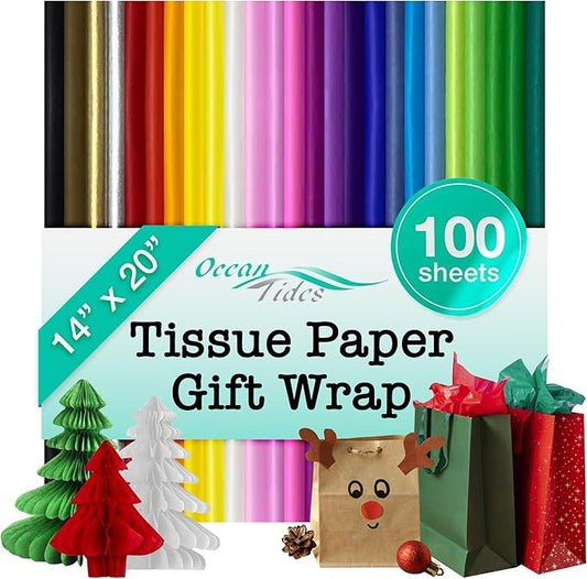 Ocean Tides 100 Sheets (14 x 20 Inches) Christmas Wrapping Paper – Gift Wrapping Tissue Paper Bulk for Crafts, Birthdays, & Holidays – Colored Tissue Papers for Gift Bags & Decorations, Assorted