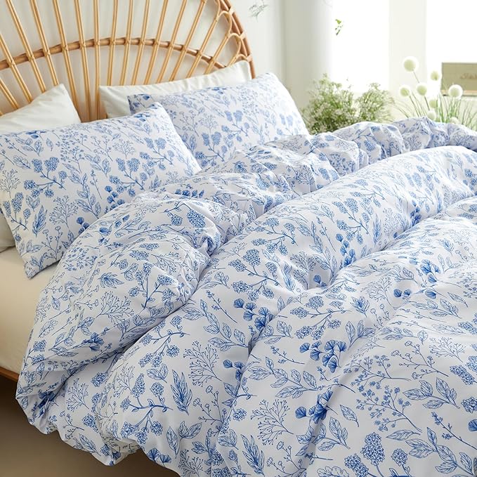 Nayoroom Blue Floral Duvet Cover Full Size Cottagecore Botanical Flower Spring Comforter Cover 3 Pcs Soft Breathable Microfiber Pastoral Aesthetic Bedding Set Gift for Women