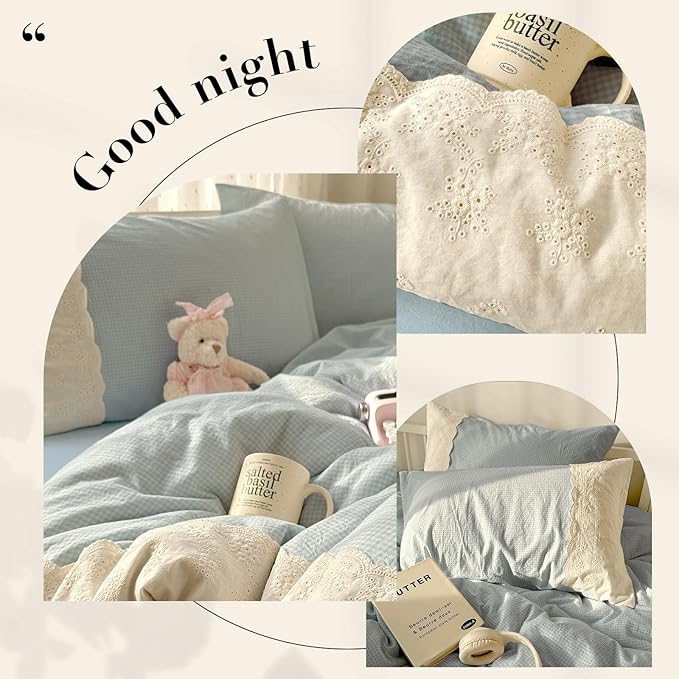 LifeTB Blue Gingham Duvet Cover Full 3 Pieces Blue Plaid Comforter Cover with Chic White Lace Soft Microfiber Checkered Grid Duvet Cover with 2 Pillowcases Breathable Gingham Plaid Bedding Set