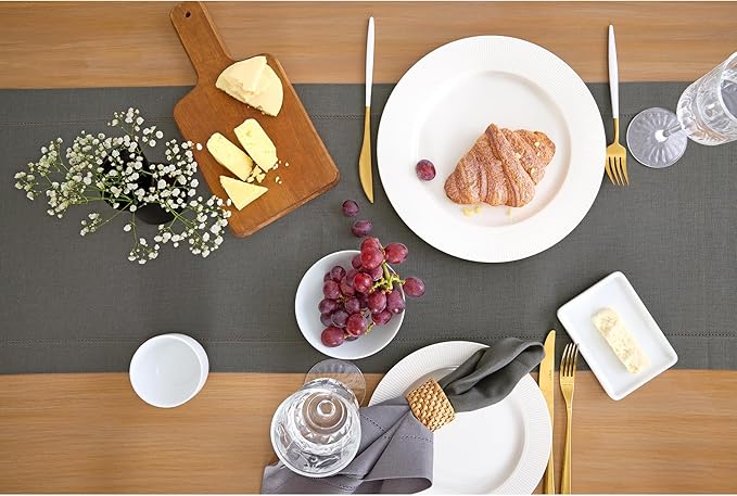 Solino Home Linen Steel Gray Table Runner 120 Inches Long - 100% Pure Linen Hemstitch 14 x 120 Inch Table Runner for Dining, Spring - Classic Hemstitch