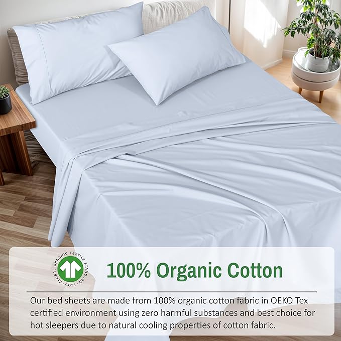 RUVANTI 100% Organic Cotton Sheets Split King, Percale Weave, GOTS Certified, 5-Piece Set, Deep Pocket 15", Crisp & Breathable, Soft Durable Bedding, Sábanas Algodón Orgánico – Arctic Ice