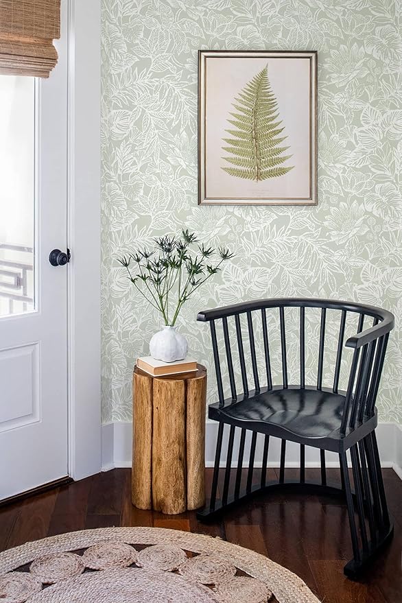 Peel and Stick Wallpaper Modern Wall Paper Boho Contact Paper Bedroom Bathroom Wallpaper Peel and Stick Light Green Tropical Leaf Removable Self-Adhesive Wall Decor 17.3" x 197"