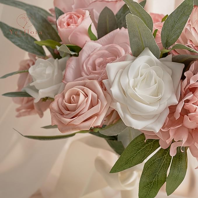 Artificial Flowers, 25pcs Artificial Rose for DIY Wedding Bouquets Centerpieces Arrangements, Pink Foam Roses with Stem for Bridal Shower Party Home Decorations