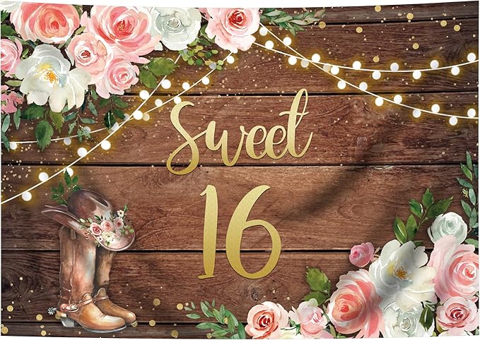 SVBright Sweet 16 Happy Birthday Backdrop 5Wx3H Cowgirl Western Rustic Wooden Plank Country Watercolor Pink Flower Floral Boots Farmhouse Decorations Photography Background Banner Photo Booth Studio