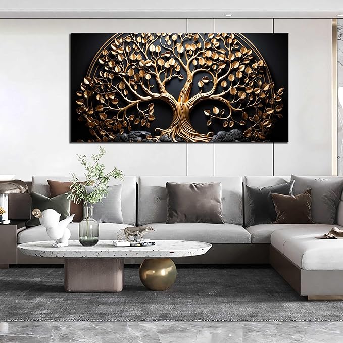 Tree Pictures Wall Decor Bedroom Black and Gold Wall Art for Living Room Large Wall Art for Office Large Size 29" x 58"