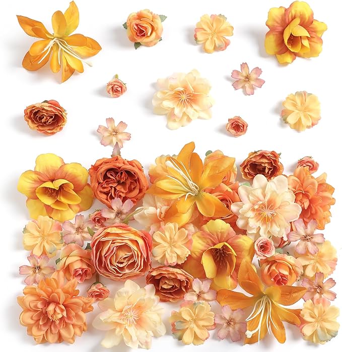 Fake Flower Heads for Crafts - Orange Silk Artificial Roses, Peonies, Daisies & Mini Floral Heads Bulk (48-Pack) for Wedding Decor, Graduation Cap, Cake Topper, Baby Shower, Home Decoration