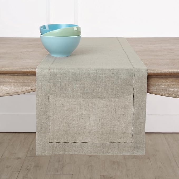Solino Home Linen Natural Table Runner 120 Inches Long - 100% Pure Linen Hemstitch 14 x 120 Inch Table Runner for Dining, Spring, Easter - Classic Hemstitch