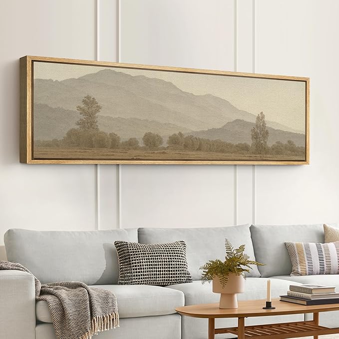 SIGNFORD Large Framed Canvas Print Wall Art Misty Mountain Landscape Tranquil Nature Scenery Illustrations Modern Art Calm Warm for Living Room, Bedroom, Office - 60"x20"
