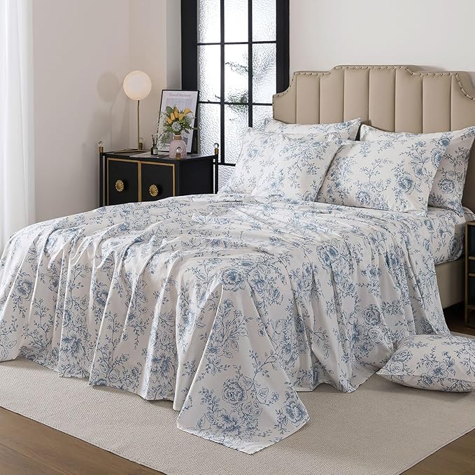 FADFAY 100% Cotton Blue Floral Bed Sheet Set, French Country Cottagecore Bedding 4Pcs, Luxury Soft Breathable Cooling Sheets with Deep Pocket Fitted Sheet, Flat Sheet & Pillowcases, Twin