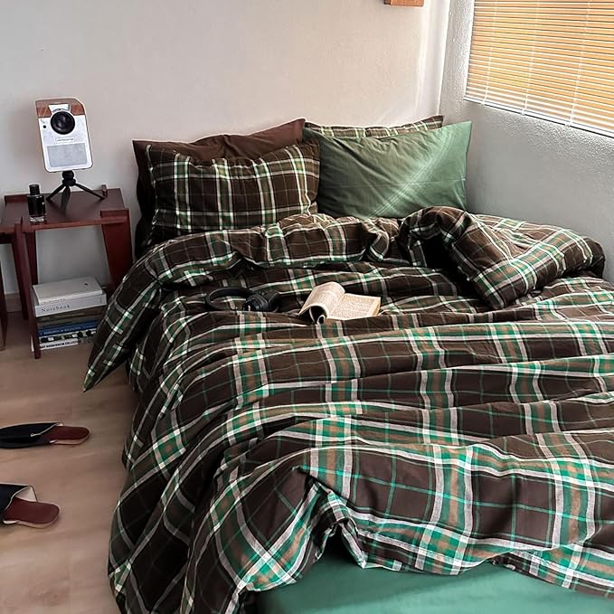 LifeTB Brown Green Plaid Comforter Set Twin XL, Modern Style 3 Pieces Grid Comforter with 2 Pillowcases, Vintage Plaid Checkered Comforter for All Seasons, Breathable Soft Fluffy Gingham Bedding Set