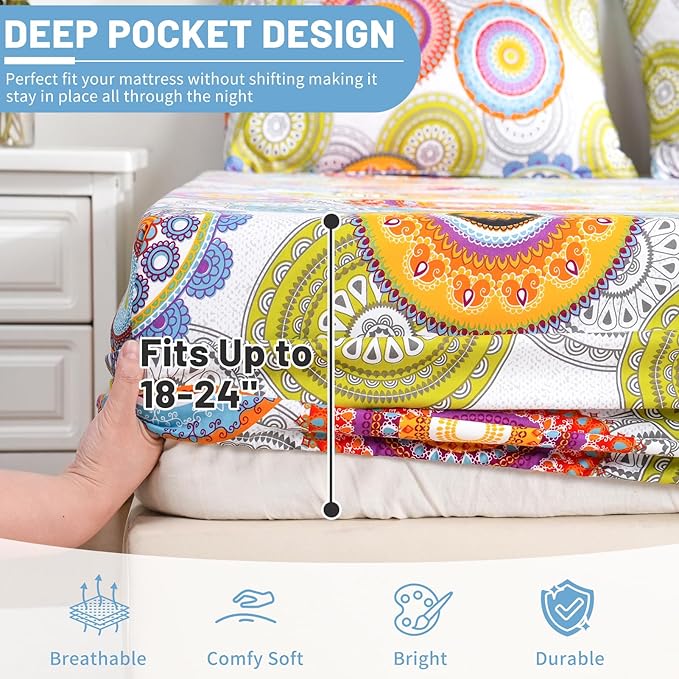 Bedlifes King Size Extra Deep Pocket Sheet Sets - Fits Mattresses Up to 18-24" Thick, 4-Piece Microfiber Set with 1800 Thread Count, Soft, Smooth, Breathable, Featuring Mandala Patterned