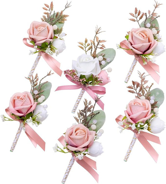 Fnize Pink Boutonniere for Men, 6 Pcs Groom Groomsmen Boutonnieres, Artificial Flowers for Wedding Prom Homecoming
