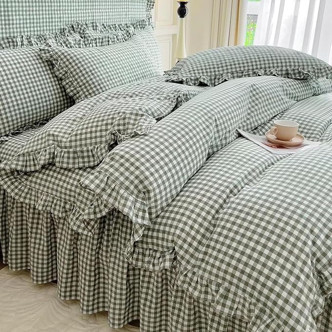 LifeTB Queen Comforter Set Green Gingham Comforter Vintage Ruffle Checkered Pattern Comforter Set Chic Grid Plaid Bedding Comforter Lightweight Fluffy Soft Gingham Bedding Set Queen Breathable