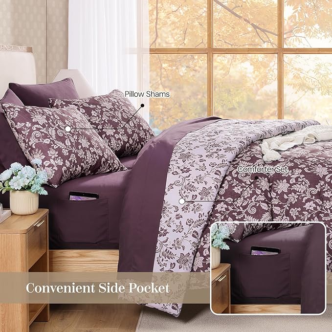 Queen Comforter Set -7 Pieces Floral Dark Purple Comforter Set for All Seasons, Bed in a Bag Queen with Botanical Flowers Comforter, Sheets, Pillowcases & Shams