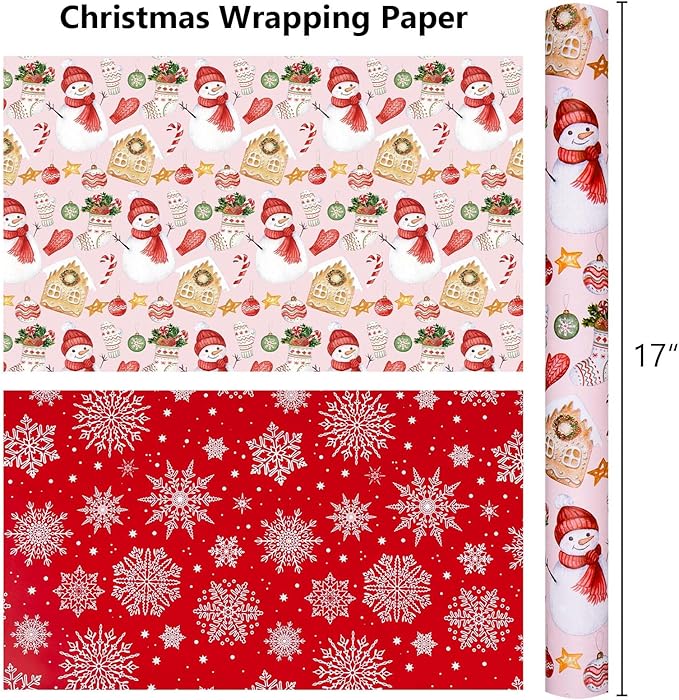 MAYPLUSS Christmas Wrapping Paper Roll - 17 Inch X 33 Feet - Cute Snowman Christmas Hat Gloves Reversible Snowflake Gift Wrapping Paper, Thick Wrap Paper for Holiday Party New Year Kids