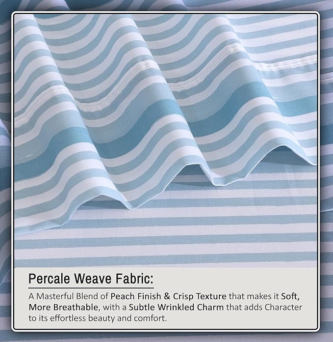 RUVANTI 100% Organic Cotton Sheets Split King, Percale Weave, GOTS Certified, 5-Piece Set, Deep Pocket 15", Crisp & Breathable, Soft Durable Bedding, Sábanas Algodón Orgánico – Nautical Stripes