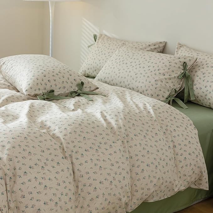 LifeTB Green Floral Duvet Cover Twin XL 3 Pieces Green Blossom Flower Comforter Cover Vintage Floral Cottagecore Bedding Set 100% Cotton Flower Botanical Comforter Cover with 2 Bowknot Pillowcases