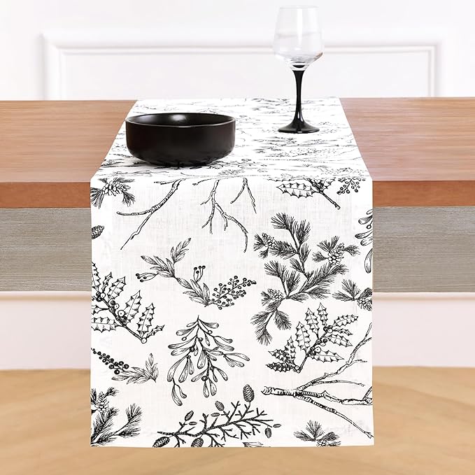 Solino Home 100% Pure Linen Christmas Table Runner 120 Inches Long - Black/White Table Runner 14 x 120 Inch - Handcrafted and Machine Washable - Winter Forest Print