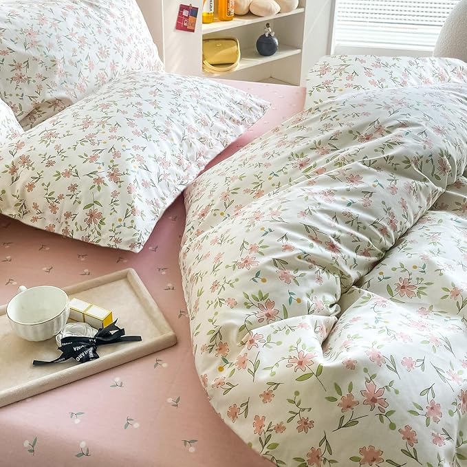 LifeTB Vintage Pink Floral Comforter Set Queen 3 Pieces Cute Pink Flower Bedding Comforter for Teen Girls Botanical Comforter Queen Floral Leaves Pattern Bedding Set Boho Farmhouse Bed Comforter Set