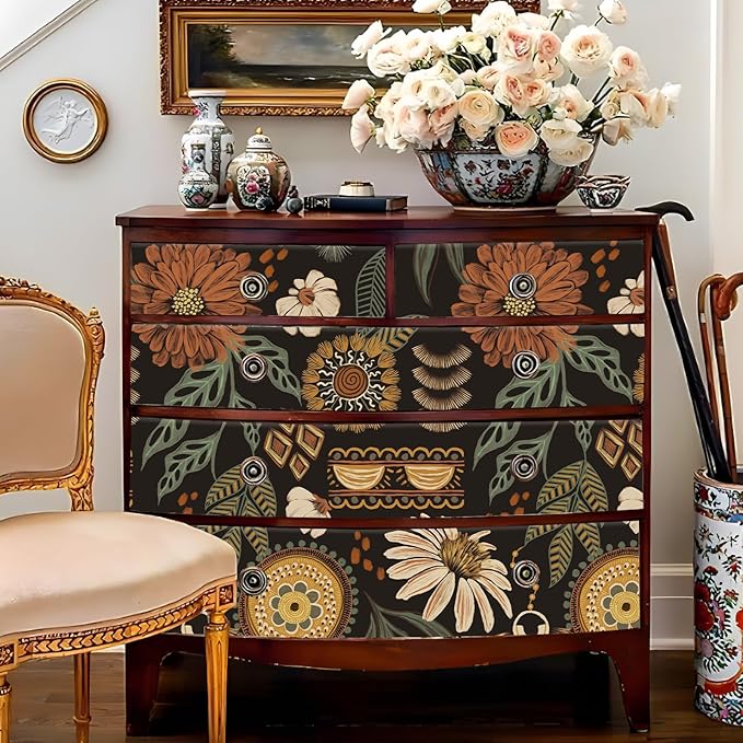JiffDiff Boho Peel and Stick Wallpaper 17.3" x 240" Vintage Sun Floral Retro Removable Contact Paper Paper Dark Botanical Flowers Bathroom Bedroom Renter Friendly Wall Mural