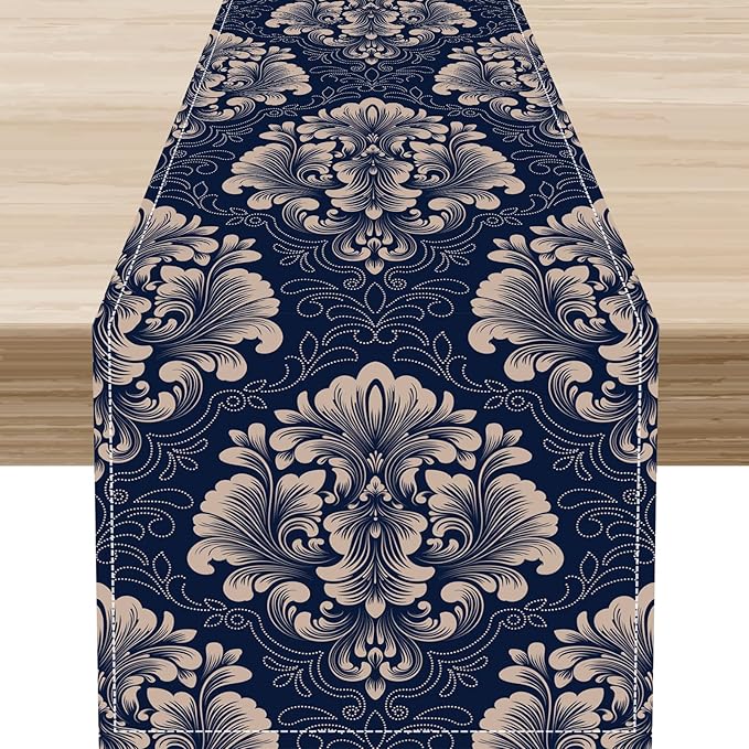 Vintage Damask Table Runner, Blue Classical Luxury Old Fashioned Damask Royal Victorian Flora Print Table Center Decor for Family Kitchen Table Decorations Indoor Outdoor 13x36 inch
