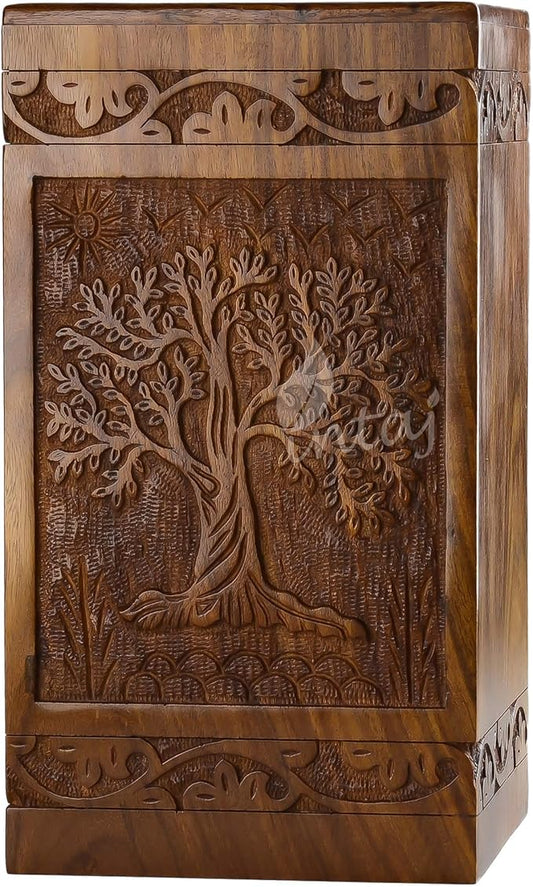 INTAJ Wooden Tree of Life Cremation Urns for Human Ashes – Memorial Urn Box and Casket for Adult Male, Female, Child, or Pets (Cat/Dog) – Burial Funeral Urn Holds Up to 180 Cubic Inches of Ashes