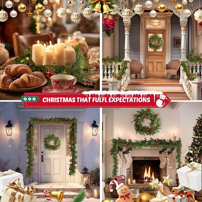 2Pack 6FT Christmas Garland Faux Cypress Pine Cedar Garland with 20 LED Lights, Holiday Garland for Home, Wedding, Party Decorations