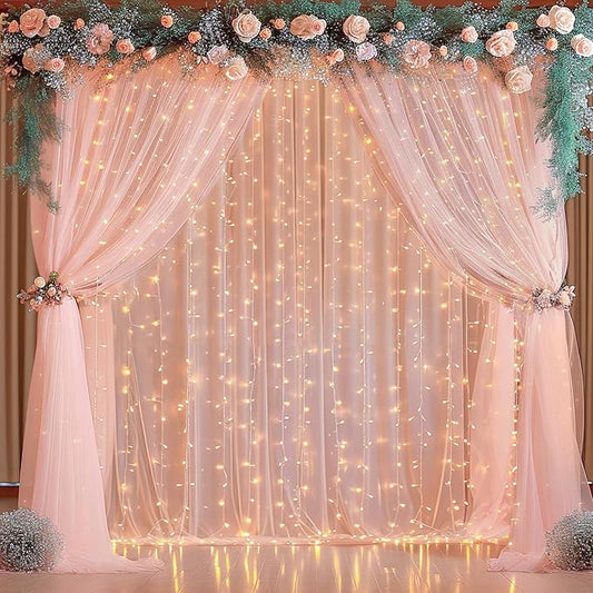 30x8ft Peach Tulle Backdrop Curtain with Lights String for Parites, Sheer Backdrop Curtains for Wedding Baby Shower Birthday Party Photo Shoot Decorations
