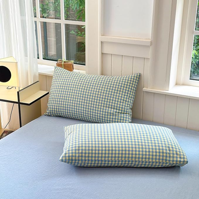 LifeTB Queen Comforter Set Blue Yellow Gingham Comforter with 2 Pillowcases Modern Style Geometric Plaid Comforter 3 Pieces Farmhouse Gingham Bedding Set Fluffy Grid Checkered Comforter Set