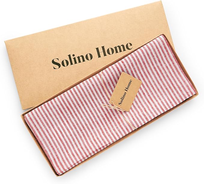 Solino Home Linen Table Runner 60 Inches - Narrow Stripe 100% Pure Linen Red and White Table Runner 14 x 60 Inch Ideal for Dresser and Coffee Tables - Valentines, Winter, Spring, Easter